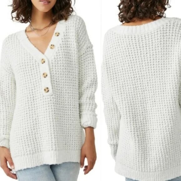 Free People | Whistle Cotton Blend Ivory Thermal Henley Sweater | Size	XS - Picture 1 of 16